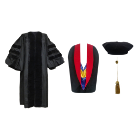 Doctoral Gown, Velvet Tam, Metallic Tassel and Hood