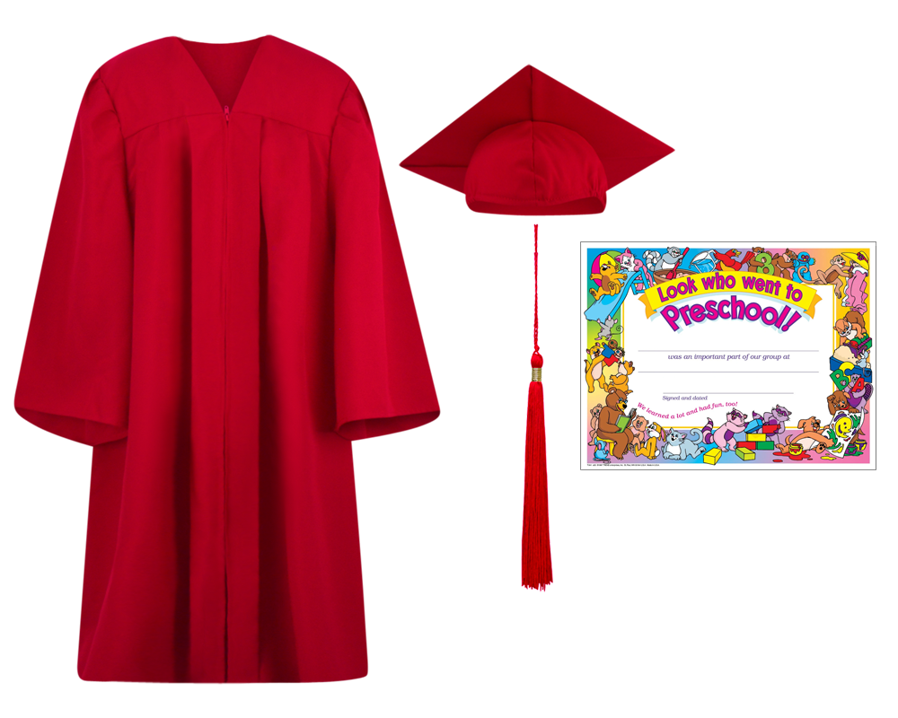 Pre-K / Kindergarten Cap, Gown, Tassel and Diploma Certificate Set : Matte Finish