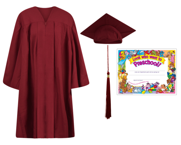 Pre-K / Kindergarten Cap, Gown, Tassel and Diploma Certificate Set : Matte Finish