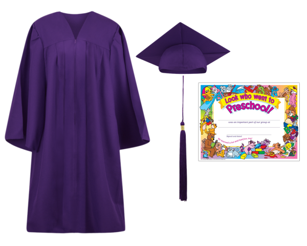 Pre-K / Kindergarten Cap, Gown, Tassel and Diploma Certificate Set : Matte Finish